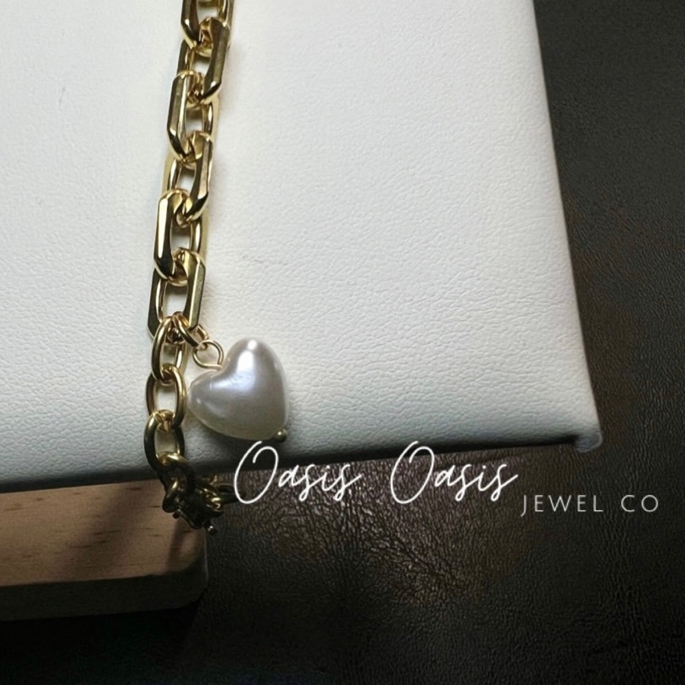 Glam Chunky Stackable Gold Link Chain Pearl Charm Bracelet 18k Gold Plated